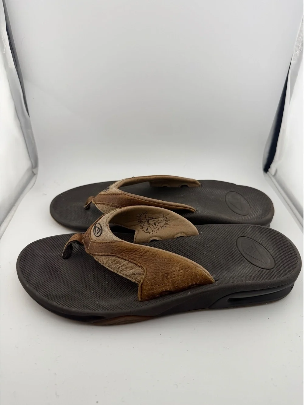 Reef Fanning Flip Flops with Bottle Opener, Brown Leather and Suede, Size 10